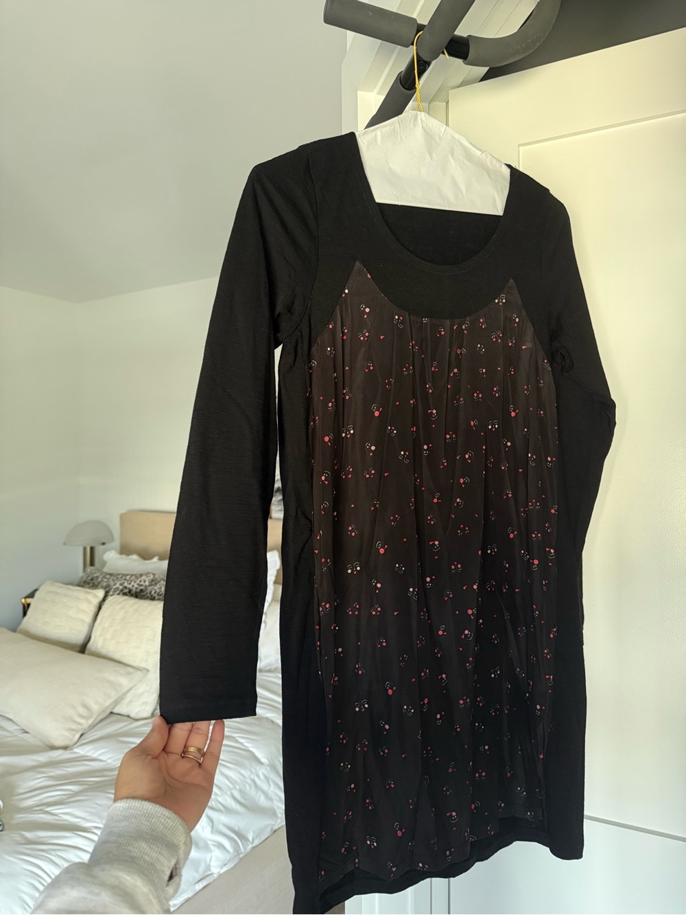Black Cotelac Long-Sleeve Floral Panel Women's Dress